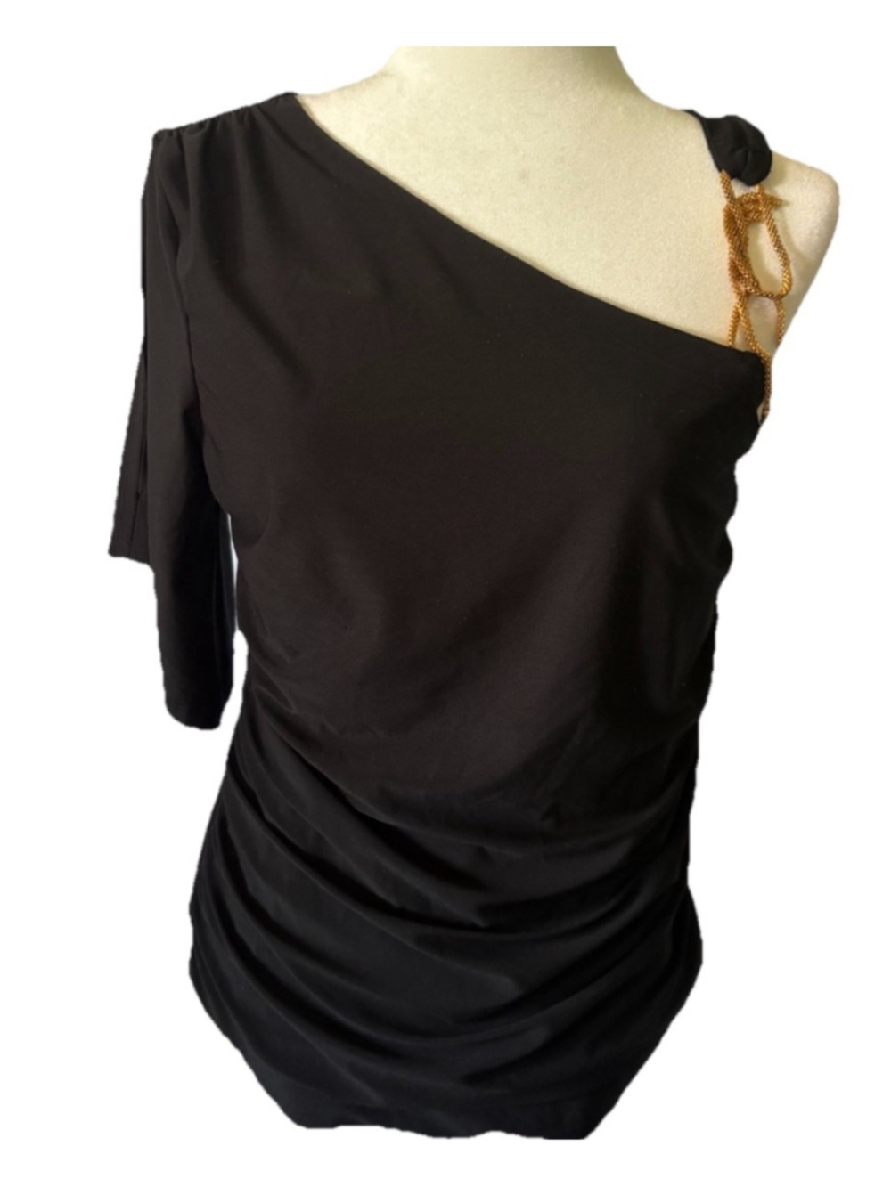 Vintage Fashion Bug Black One Shoulder Top M Ruched Asymmetric Gold Chain Y2K
